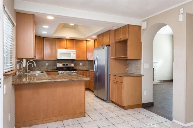 kitchen with kitchen peninsula, sink, ornamental molding, a tray ceiling, and stainless steel appliances