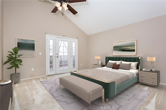 bedroom featuring access to exterior, light colored carpet, high vaulted ceiling, and ceiling fan