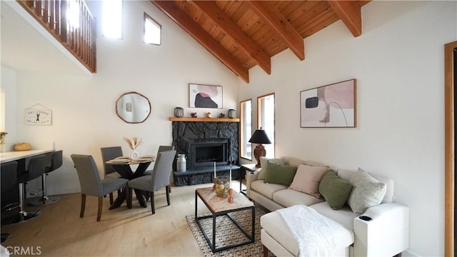 living room featuring a fireplace, wooden ceiling, beamed ceiling, and high vaulted ceiling