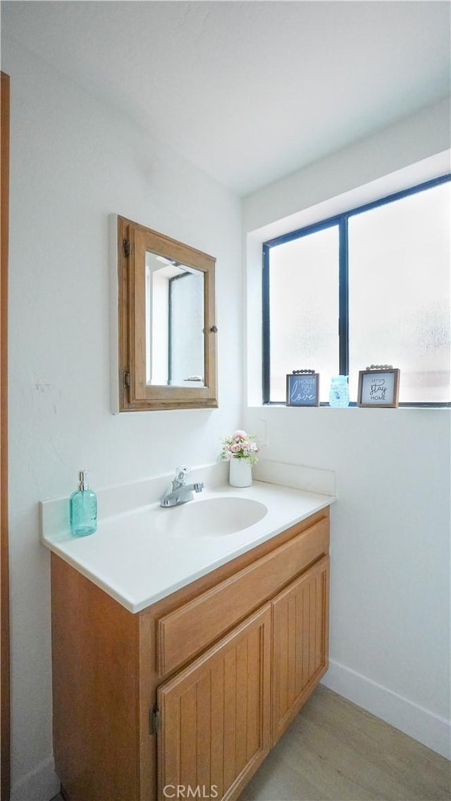 bathroom with vanity and wood-type flooring