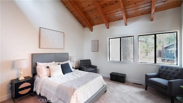 bedroom with light carpet, wood ceiling, and lofted ceiling with beams