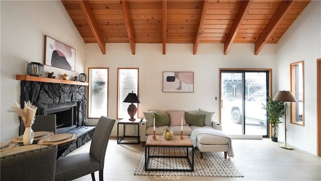 living room featuring a fireplace, wooden ceiling, and lofted ceiling with beams