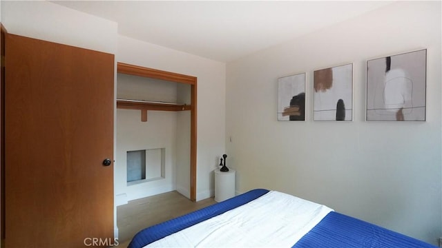 bedroom with hardwood / wood-style floors and a closet