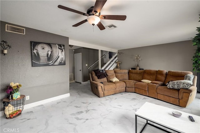 living room with ceiling fan