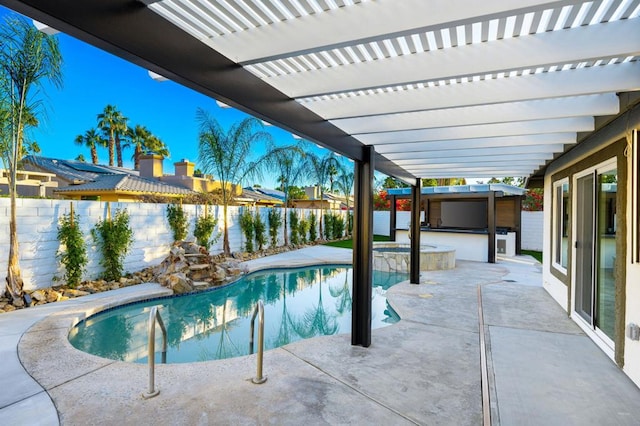 view of swimming pool with an in ground hot tub, a patio area, and a pergola