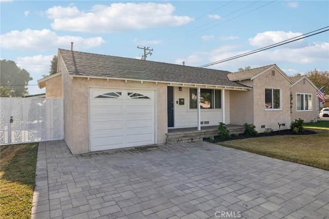 ranch-style home featuring a garage, a shingled roof, crawl space, decorative driveway, and stucco siding