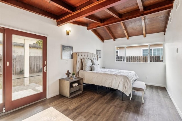 bedroom with access to exterior, vaulted ceiling with beams, wood finished floors, wooden ceiling, and baseboards