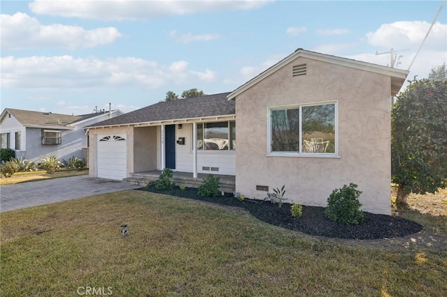 ranch-style house featuring an attached garage, crawl space, decorative driveway, stucco siding, and a front lawn