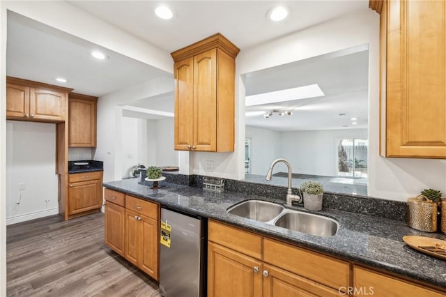 kitchen featuring dark wood-style floors, dark stone counters, dishwasher, and a sink