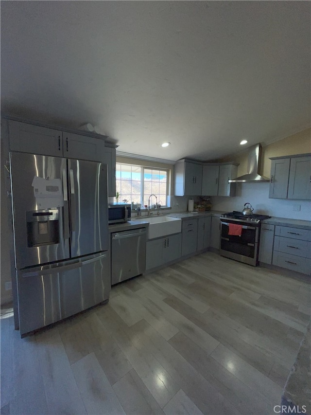 kitchen featuring sink, appliances with stainless steel finishes, gray cabinets, and wall chimney exhaust hood