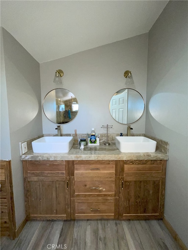 bathroom with hardwood / wood-style flooring and vanity