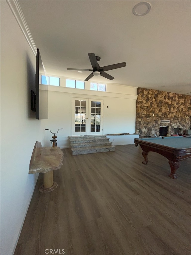 recreation room with ceiling fan, hardwood / wood-style flooring, ornamental molding, french doors, and pool table