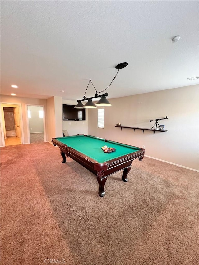 rec room with carpet floors and billiards