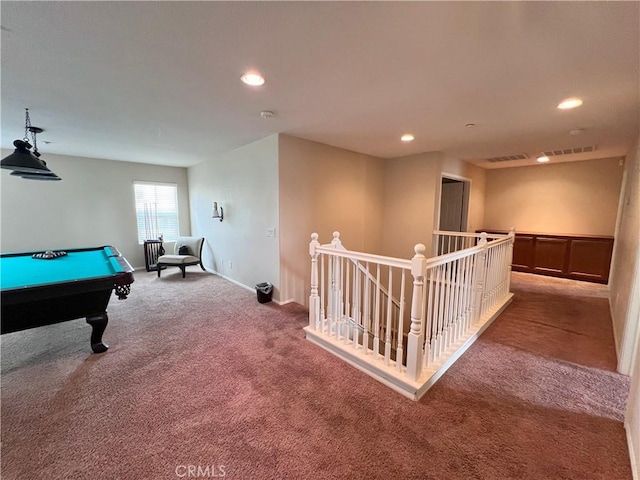 recreation room featuring carpet and billiards