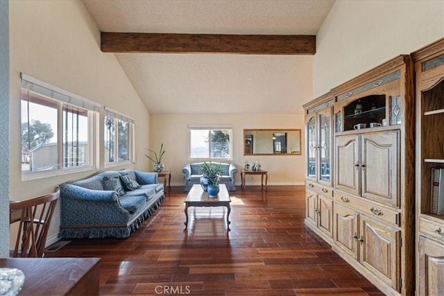 living room featuring dark hardwood / wood-style flooring and vaulted ceiling with beams