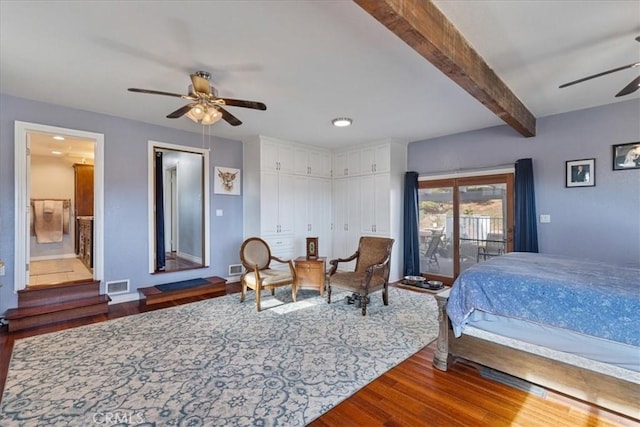 bedroom featuring hardwood / wood-style flooring, ceiling fan, access to outside, ensuite bath, and beam ceiling