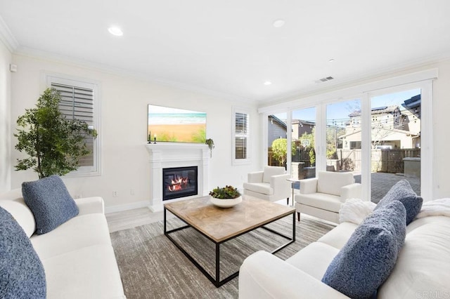 living room featuring hardwood / wood-style floors and crown molding