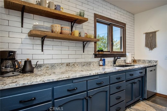 kitchen featuring sink, backsplash, dishwasher, and blue cabinets