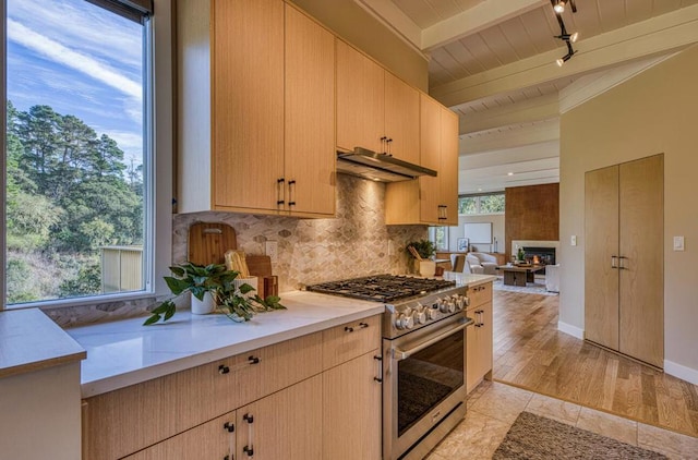 kitchen featuring light brown cabinetry, a fireplace, high end stove, and a healthy amount of sunlight