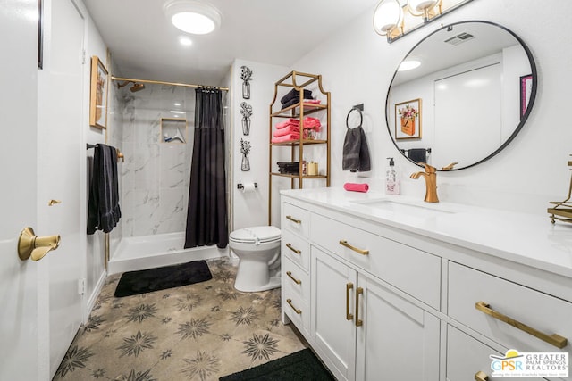 bathroom with walk in shower, vanity, and toilet