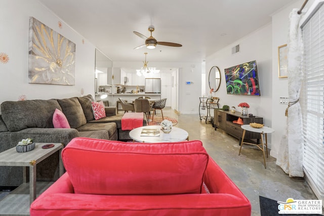 living room with concrete flooring and ceiling fan