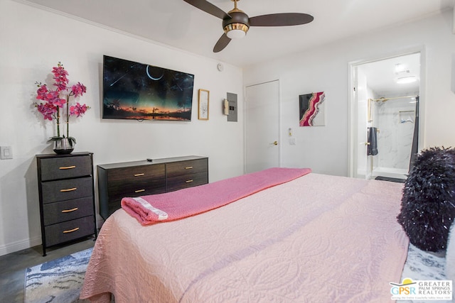 bedroom featuring ceiling fan and ensuite bathroom