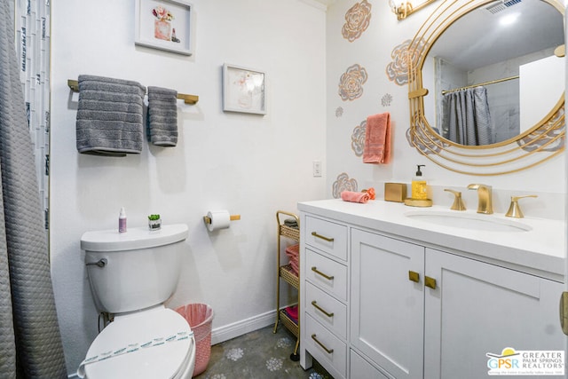 bathroom featuring vanity, toilet, concrete flooring, and a shower with shower curtain