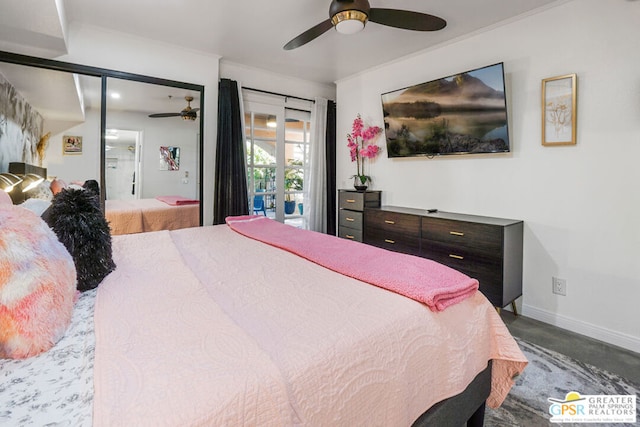 bedroom with ceiling fan and access to exterior