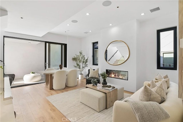 living room featuring a large fireplace and light hardwood / wood-style flooring