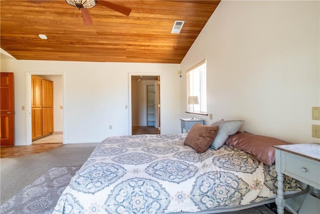 carpeted bedroom featuring ceiling fan, ensuite bath, wood ceiling, and lofted ceiling