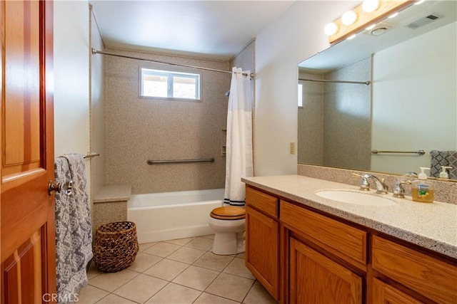 full bathroom with toilet, vanity, shower / tub combo with curtain, and tile patterned floors