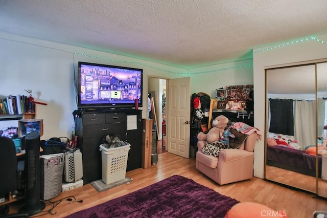 living room featuring a textured ceiling and light hardwood / wood-style flooring