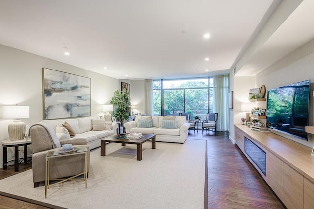 living room featuring dark hardwood / wood-style flooring and a wall of windows