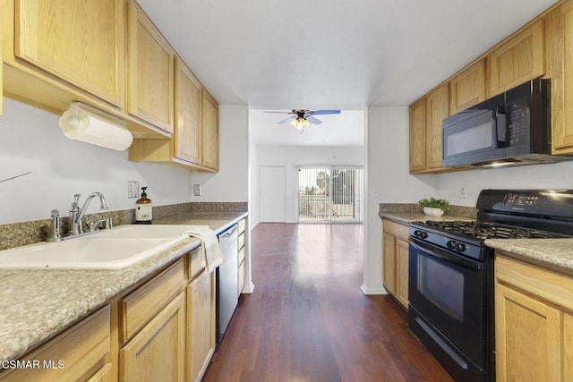 kitchen featuring sink, light brown cabinets, dark hardwood / wood-style floors, and black appliances