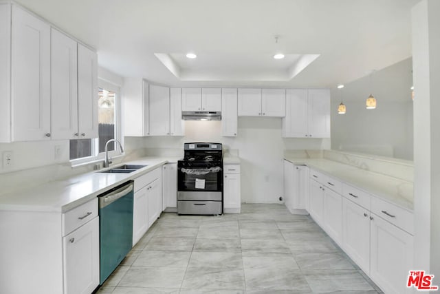 kitchen featuring decorative light fixtures, white cabinetry, stainless steel appliances, sink, and a tray ceiling