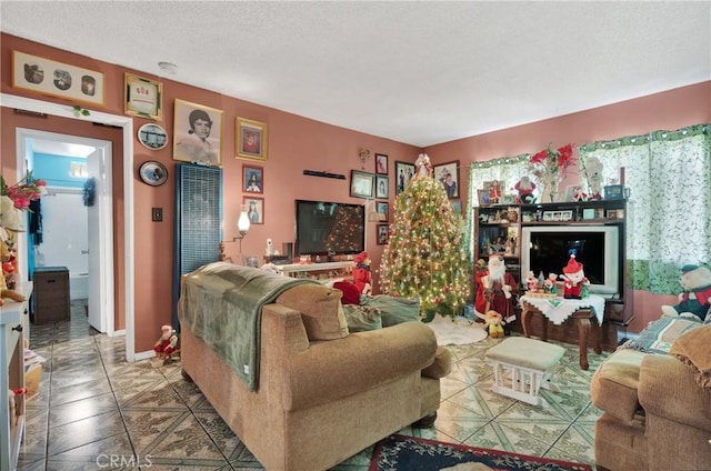 living room with tile patterned flooring