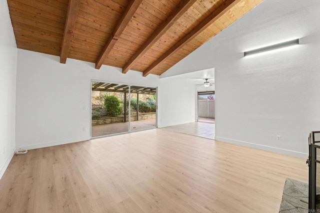 unfurnished living room featuring ceiling fan, light hardwood / wood-style floors, beam ceiling, wood ceiling, and high vaulted ceiling