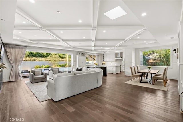 living room featuring dark hardwood / wood-style flooring, a skylight, beamed ceiling, and coffered ceiling