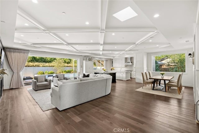 living room with beamed ceiling, coffered ceiling, and dark wood-type flooring