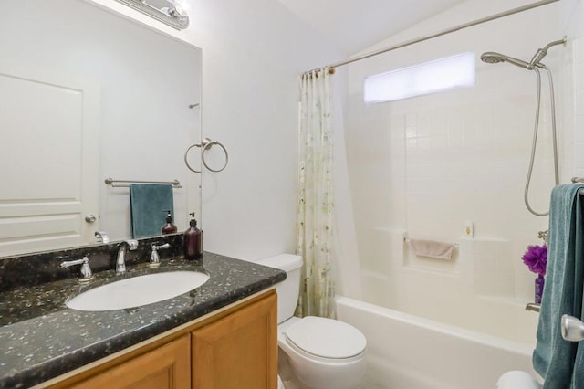 full bathroom with toilet, vanity, lofted ceiling, and shower / bathtub combination with curtain