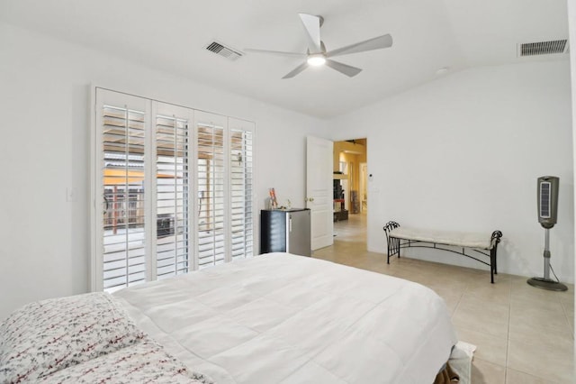 bedroom with ceiling fan, access to exterior, and lofted ceiling