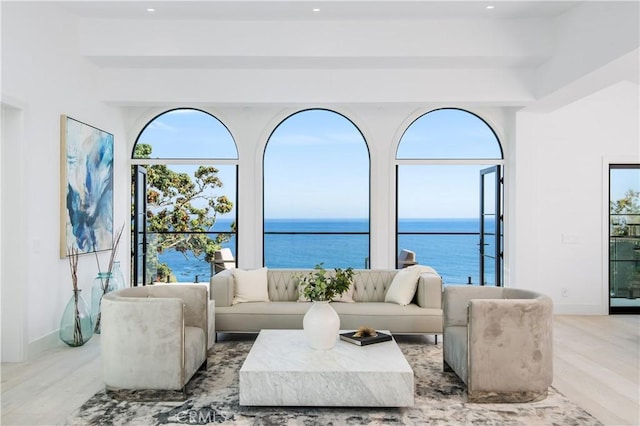 living room with a water view and light hardwood / wood-style flooring