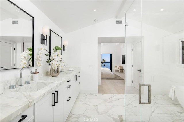 bathroom featuring walk in shower, vaulted ceiling with beams, and vanity