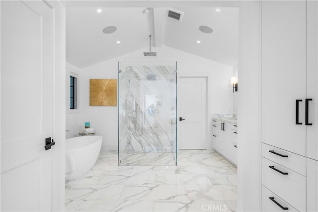 bathroom featuring vanity, lofted ceiling with beams, and shower with separate bathtub