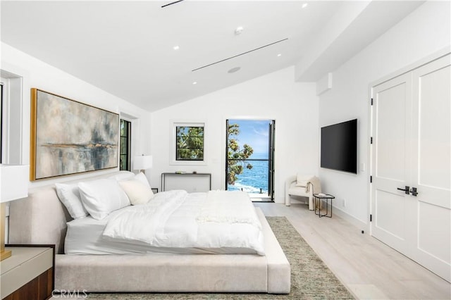 bedroom with light hardwood / wood-style flooring and lofted ceiling