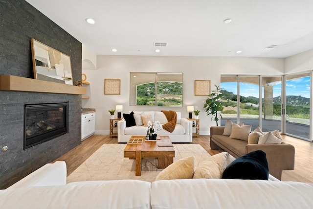 living room with a large fireplace, plenty of natural light, and light hardwood / wood-style floors