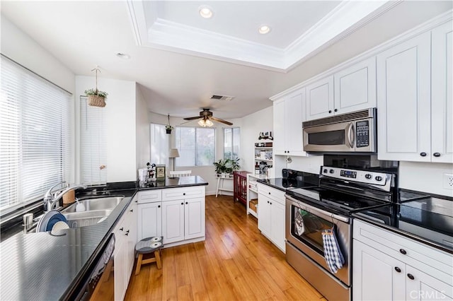 kitchen with ceiling fan, white cabinetry, stainless steel appliances, a raised ceiling, and light wood-type flooring