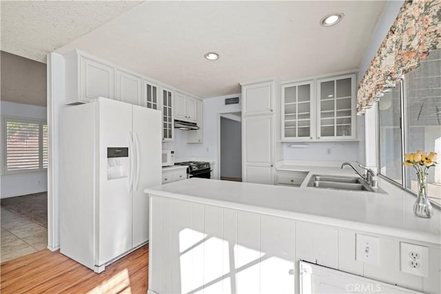 kitchen with sink, white appliances, white cabinets, and kitchen peninsula