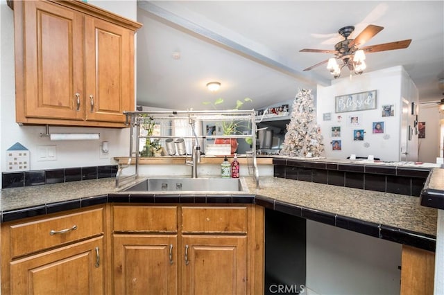 51490 Forest Boundry Rd, Anza, CA 92539 - kitchen with ceiling fan, sink, tile countertops, and vaulted ceiling
