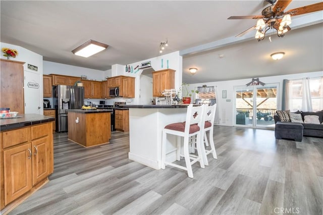 51490 Forest Boundry Rd, Anza, CA 92539 - kitchen with ceiling fan, appliances with stainless steel finishes, light hardwood / wood-style floors, and a kitchen island
